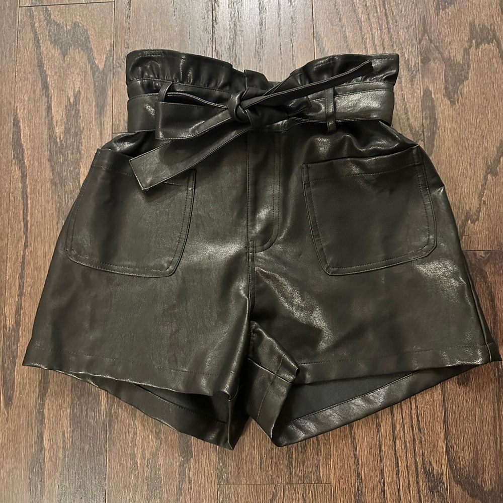 Blue Rain High Waist Black Faux Leather Shorts